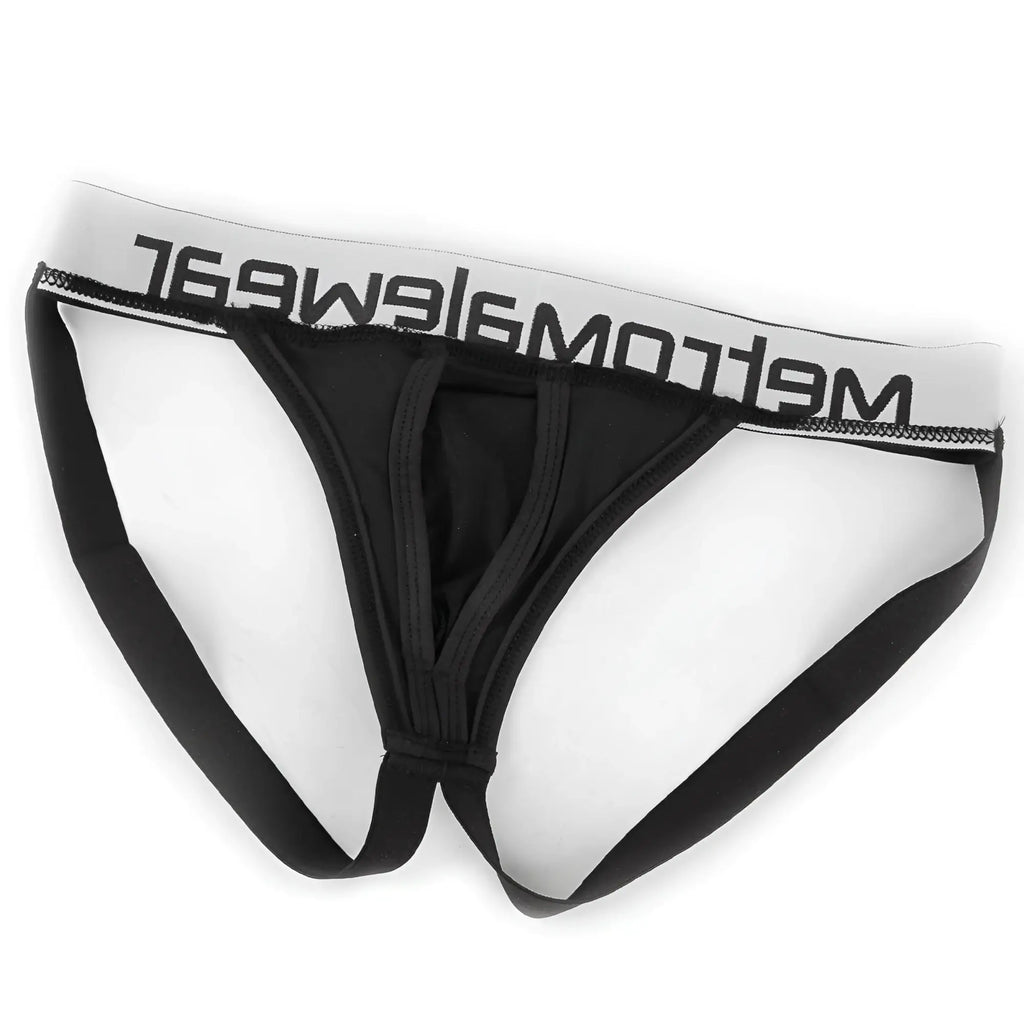 Black mens briefs with a white waistband featuring meltom logo in black from metromalewear max bulge jock strap black 1511-20