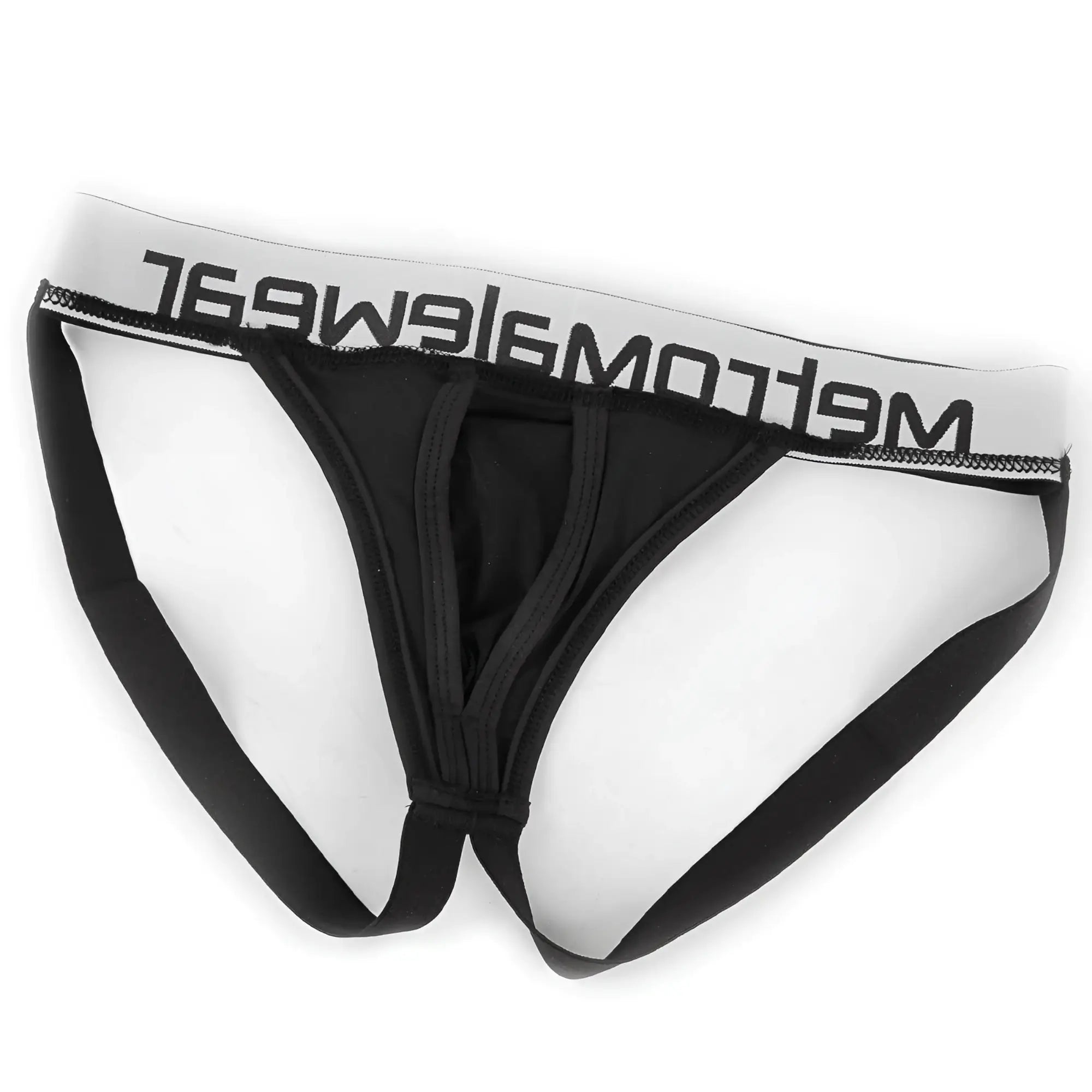 Black mens briefs with a white waistband featuring meltom logo in black from metromalewear max bulge jock strap black 1511-20