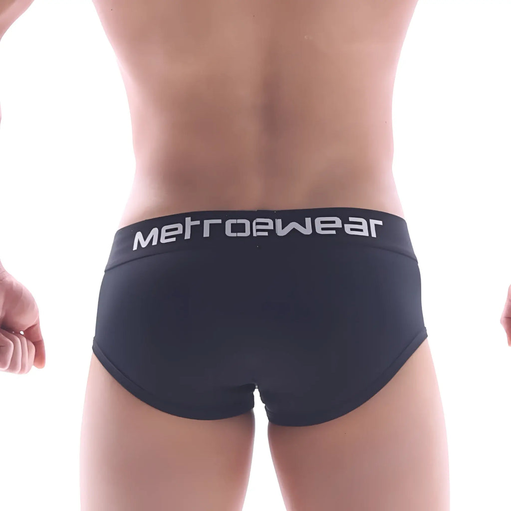 Black metrowear max contour briefs with white logo waistband designed for comfortable everyday metrowear use