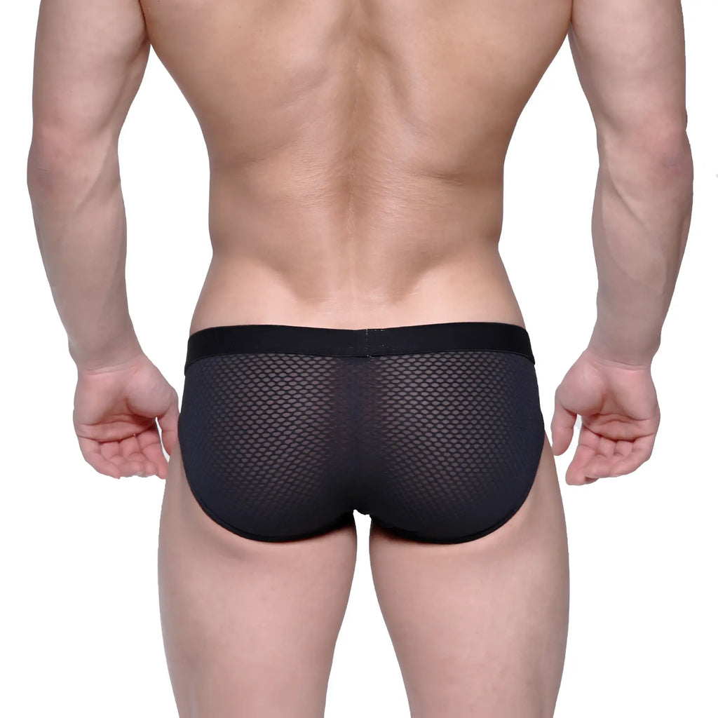 Black mesh briefs with solid black waistband metro malewear max hip brief 3003-70 front view