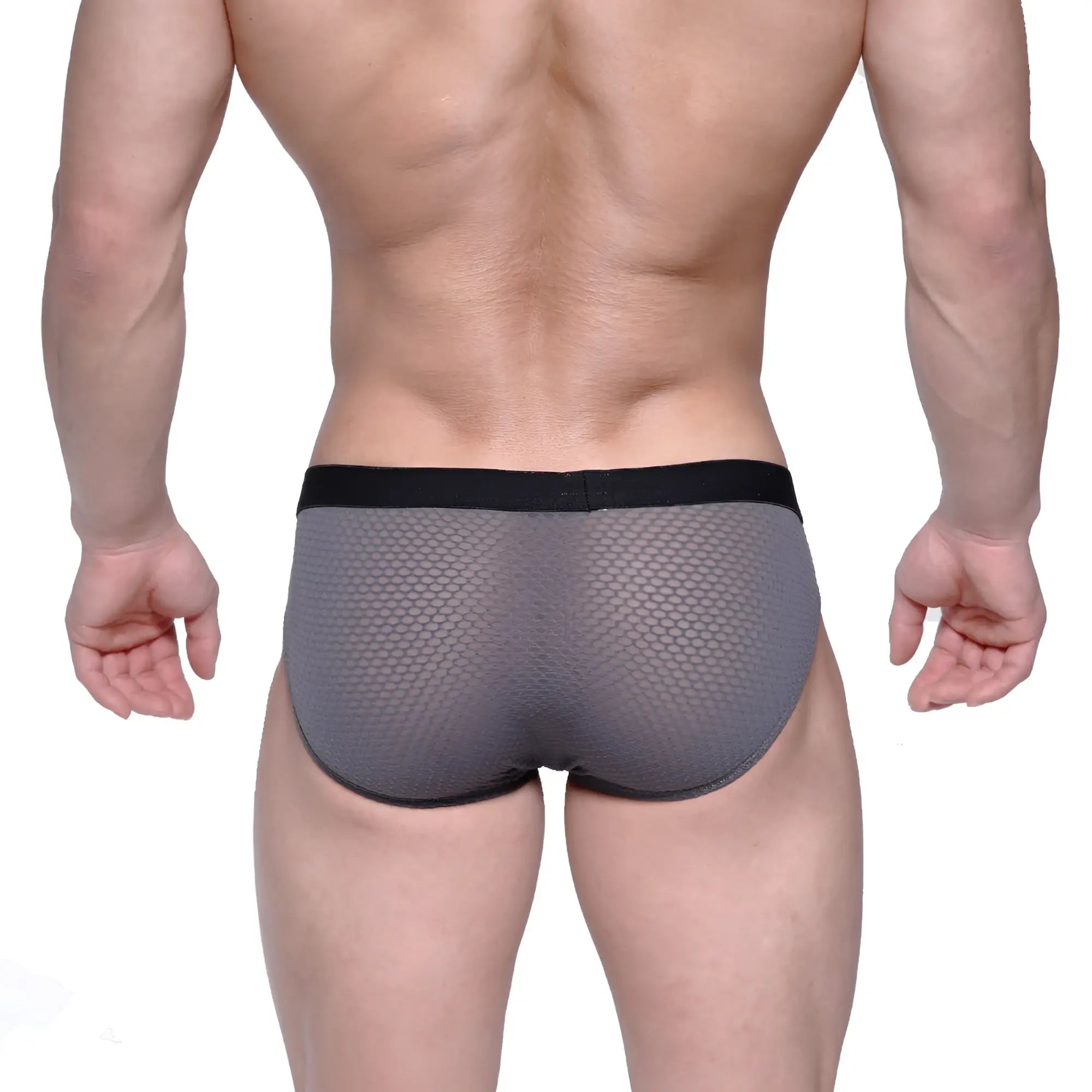 MetroMaleWear max hip brief in gray mesh fabric with black elastic waistband designed for comfort and support