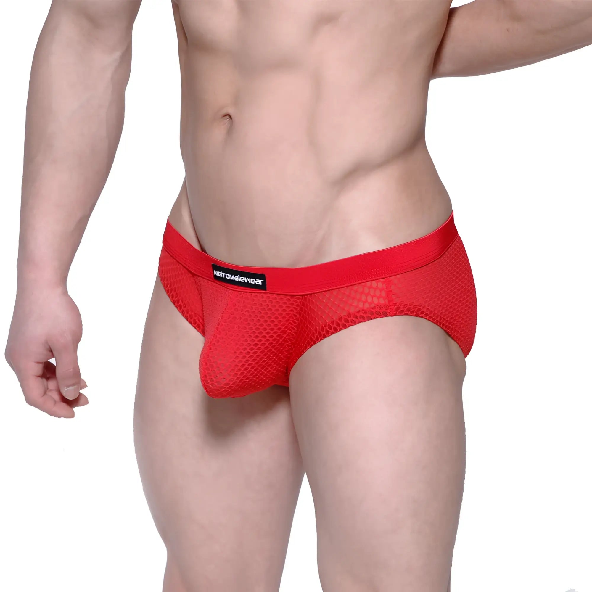 MetroMaleWear max hip brief red mesh with a black brand label on the waistband in a breathable design