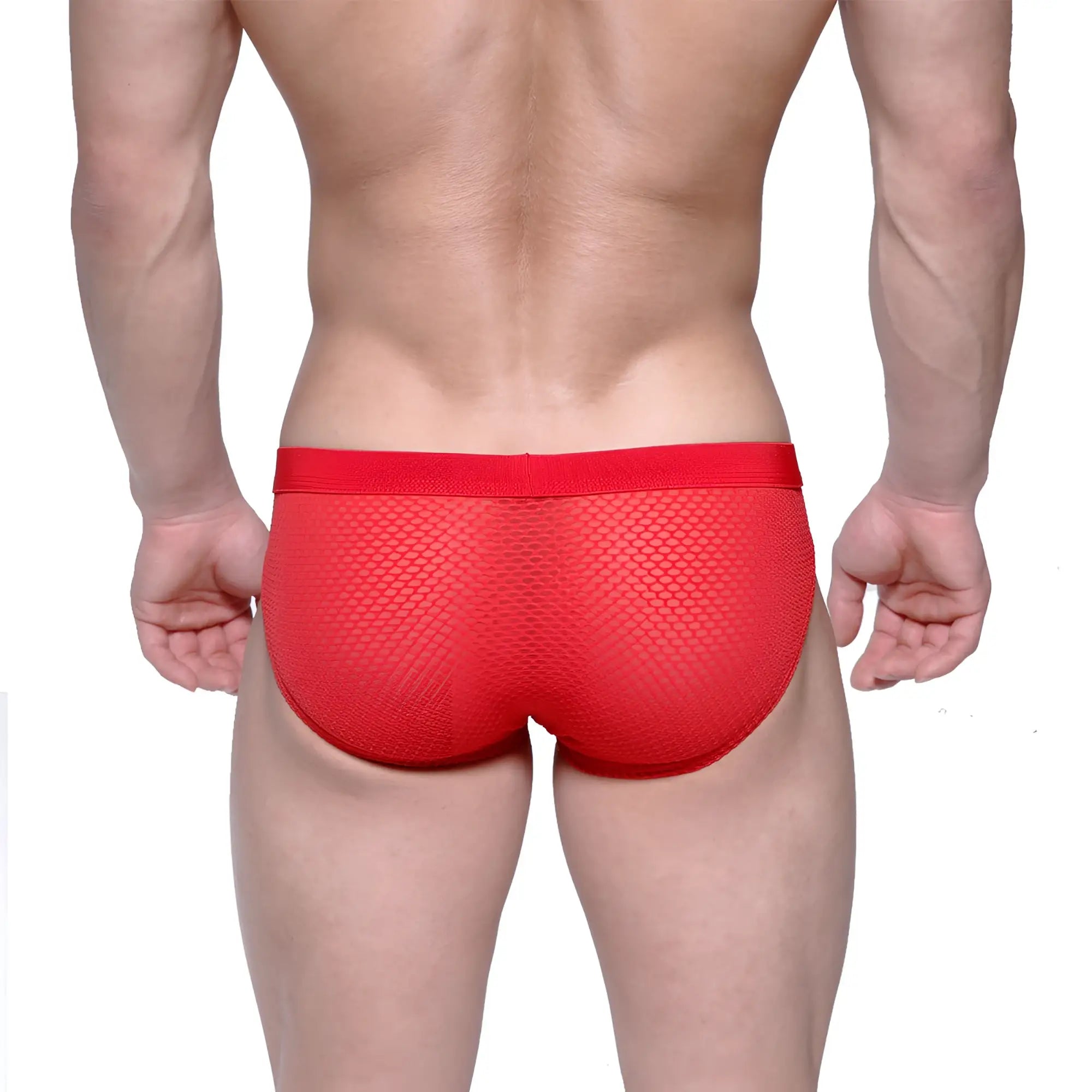 MetroMaleWear Max hip brief in red mesh with solid red waistband showcasing breathable men’s underwear design