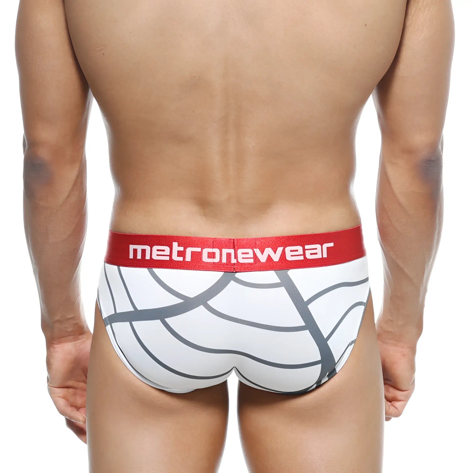 Men’s white and gray patterned briefs with red waistband branded metronewear metroMalewear Max Hip Brief Web 3003-40