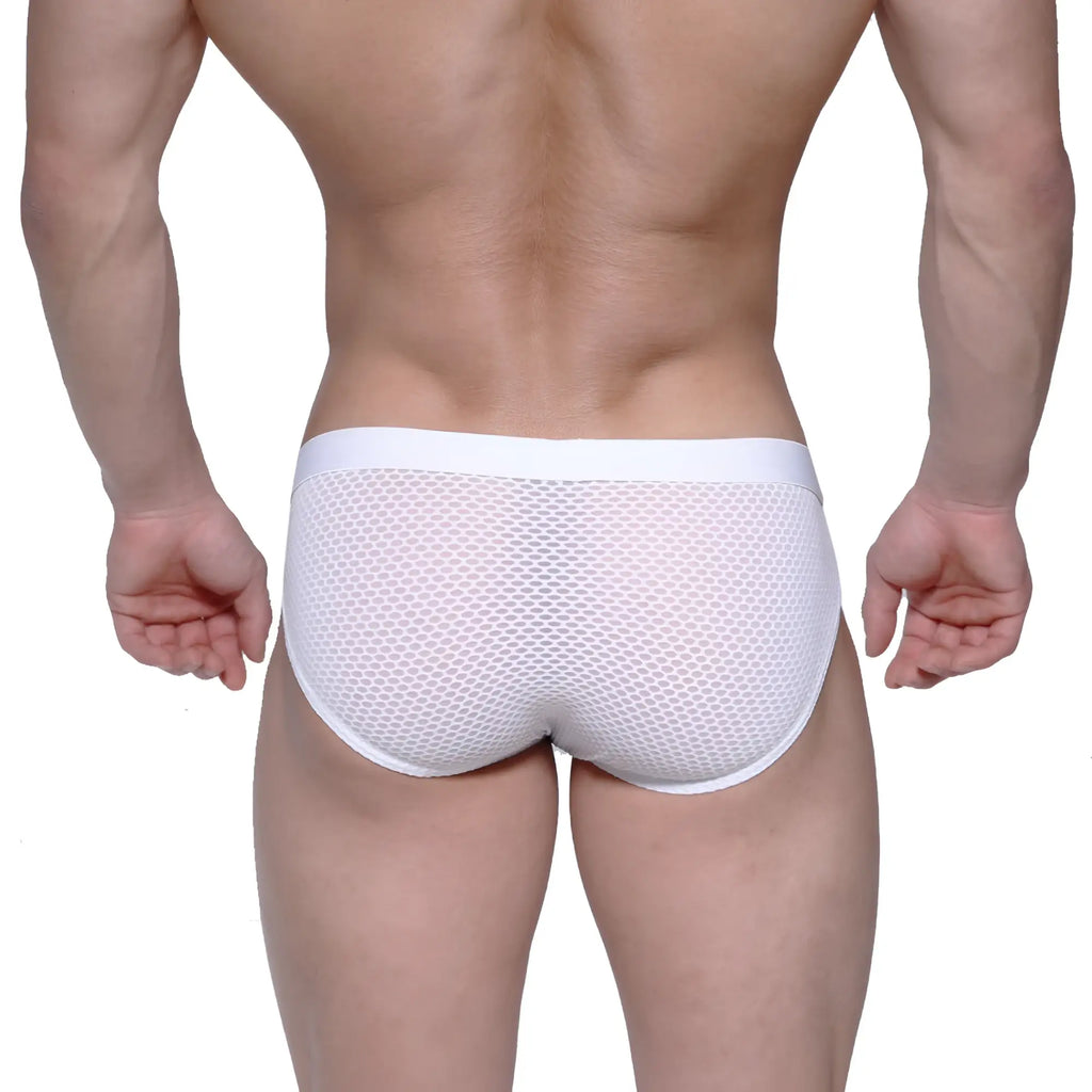 White mesh briefs with a solid white waistband from metromalewear max hip brief 3003-71 visible from the back