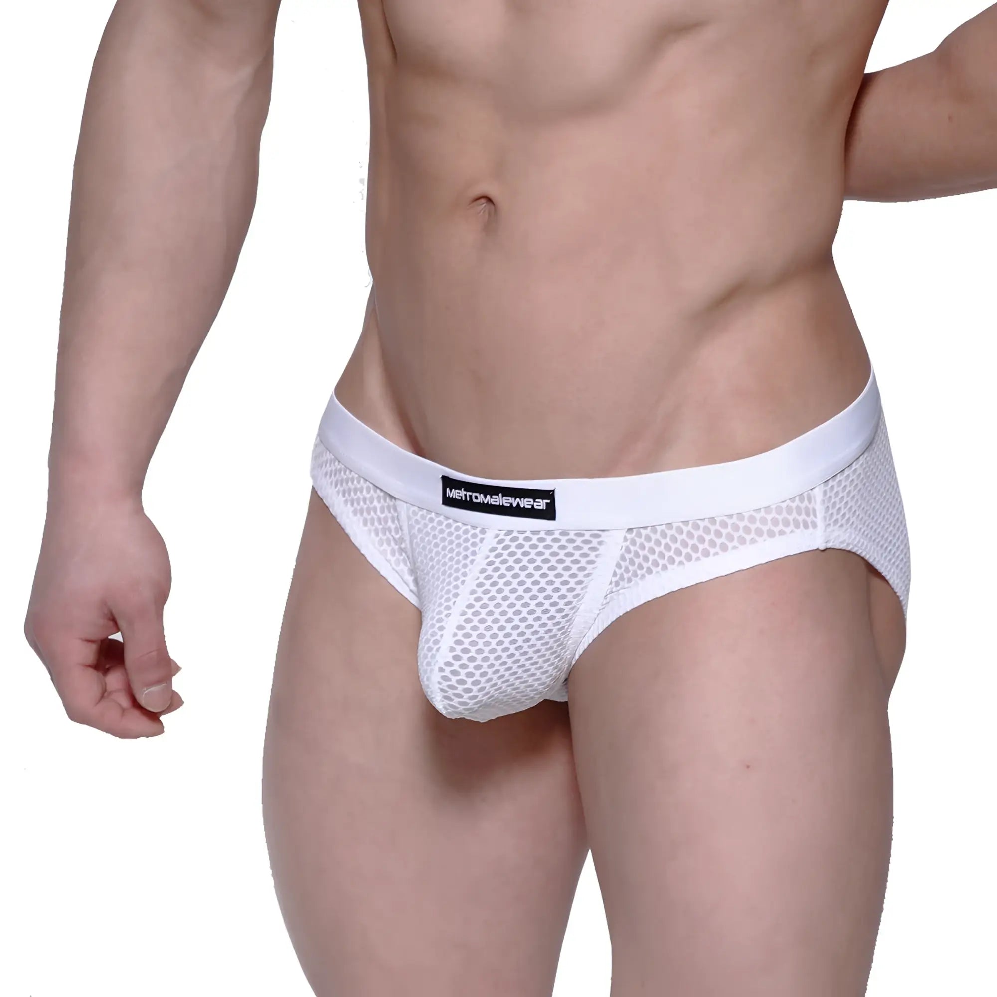 White mesh MetroMaleWear Max hip brief with solid white waistband and metamalewear brand label visible