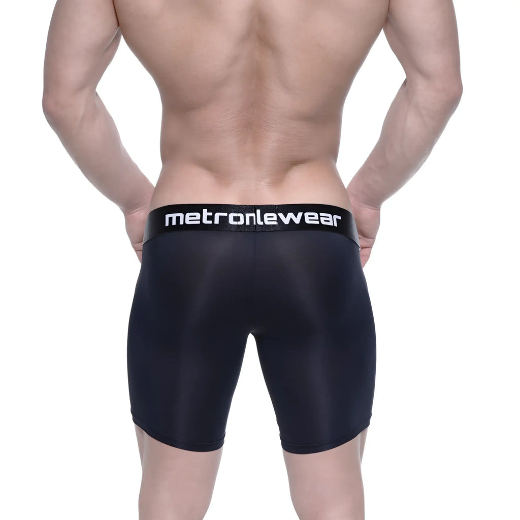 Black metronewear mens compression shorts with sleek form-fitting design and white logo on waistband metro malewear max long boxer 2035-20