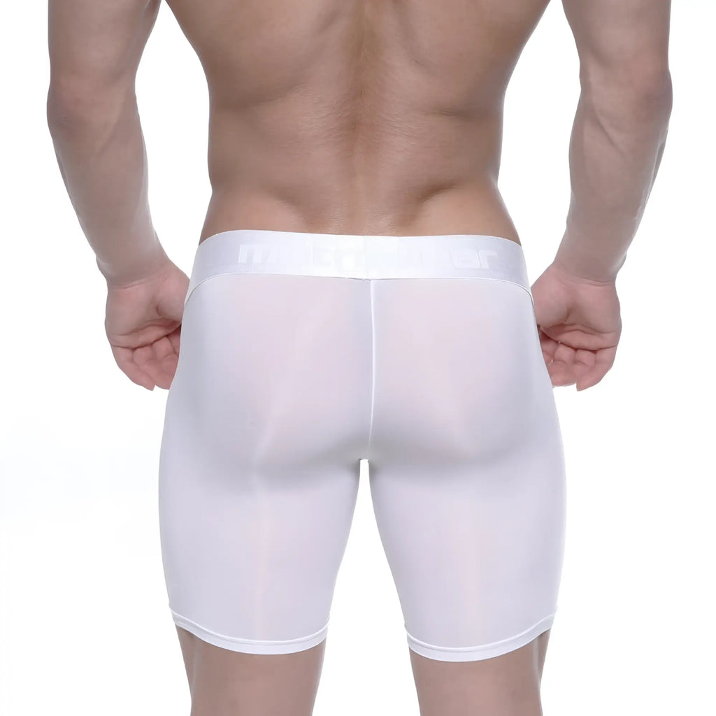 White sheer mesh men’s boxer briefs with solid white waistband metro malewear max long boxer white 2035-00