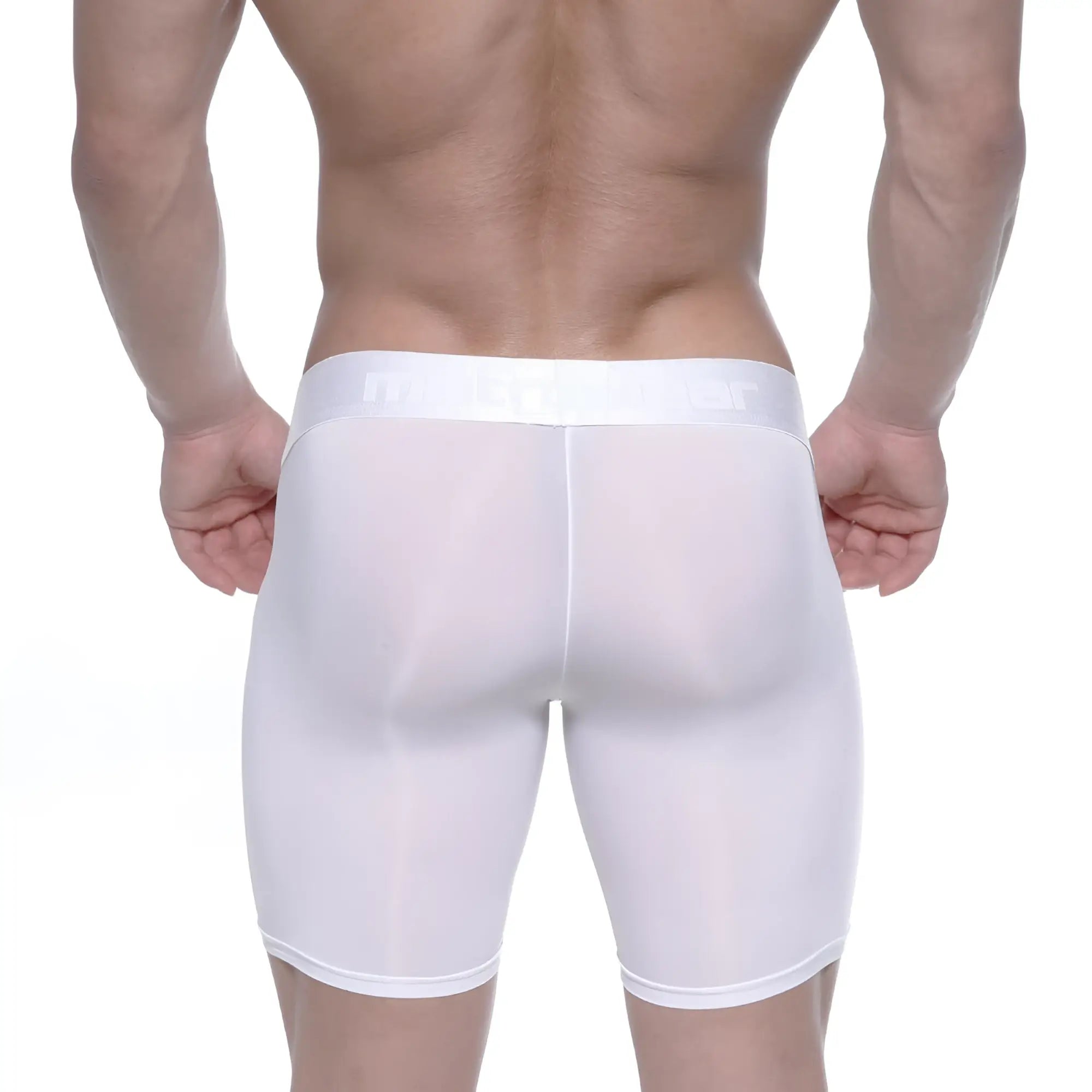 White sheer mesh men’s boxer briefs with solid white waistband metro malewear max long boxer white 2035-00