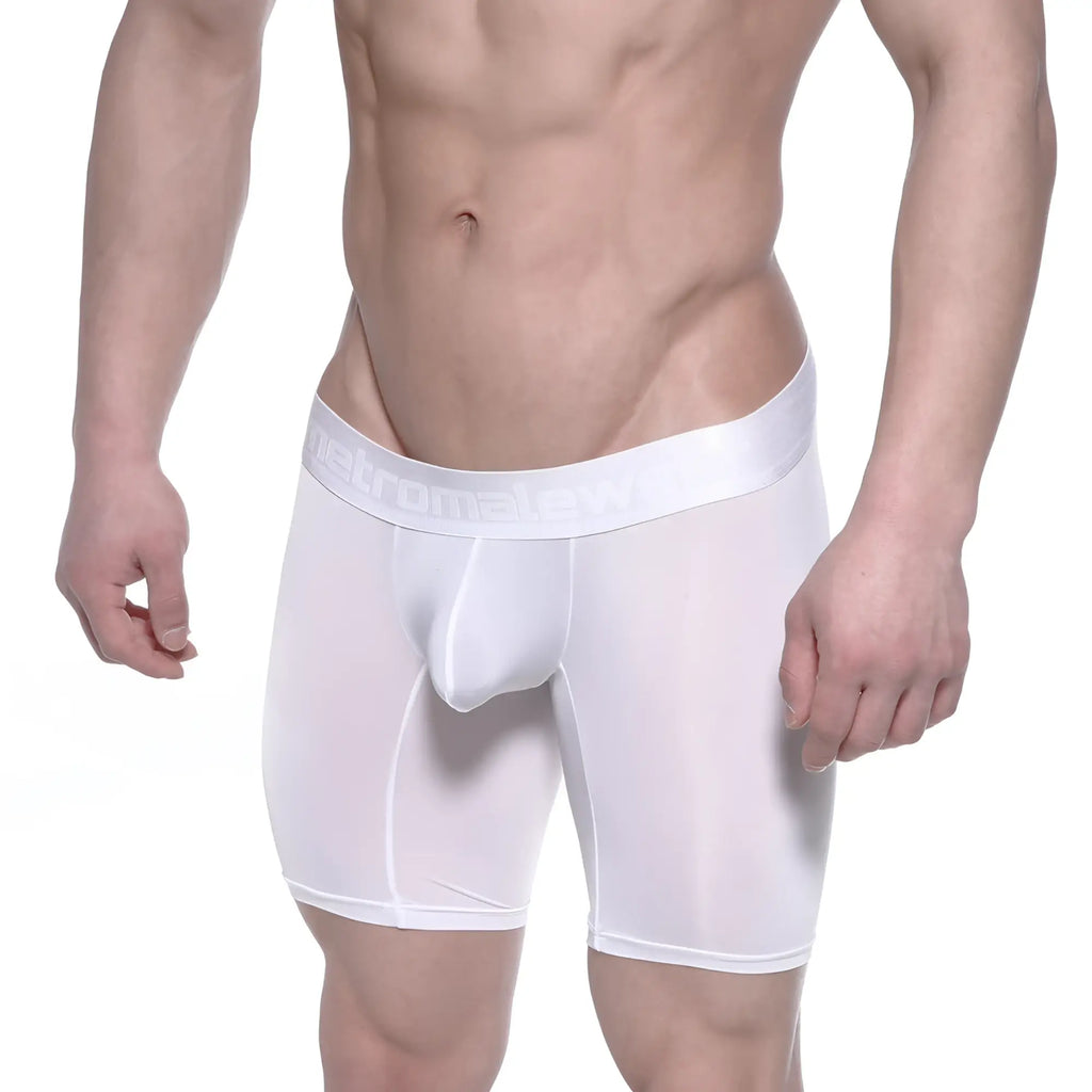 White sheer mesh mens boxer briefs with reinforced elastic waistband embossed branding metro male wear max long boxer