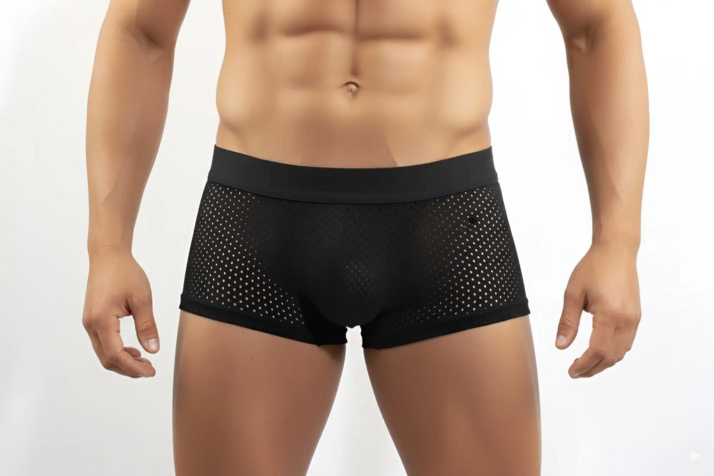 MetroMaleWear MAX mesh boxer black 3013-75 featuring black mesh fabric with a solid waistband for breathable comfort