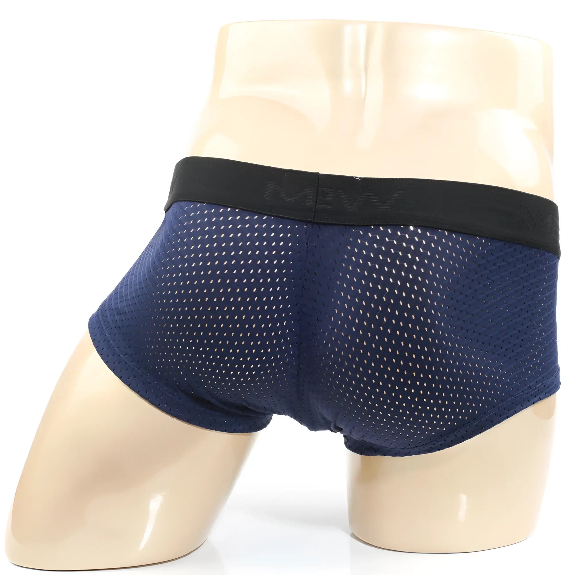 Navy blue mesh boxer briefs with black mevv logo waistband from metromalewear max collection model 3013-76