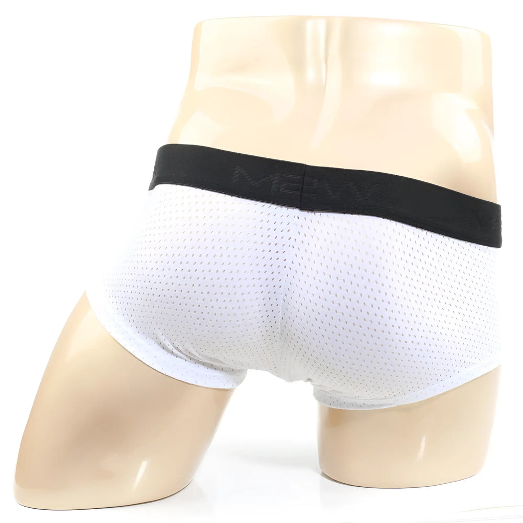 White mesh briefs with black elastic waistband featuring mevy logo from metromalewear max mesh boxer white 3013-74