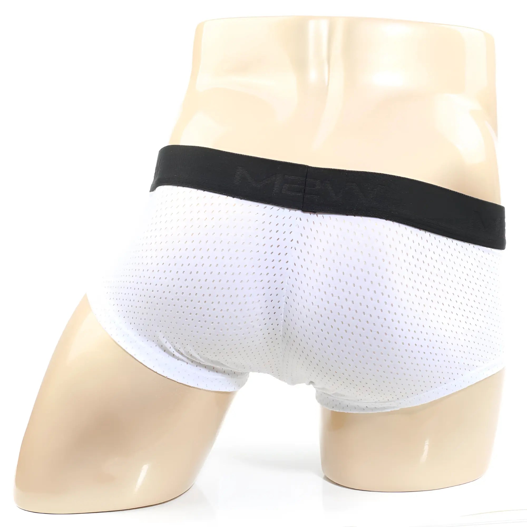 White mesh briefs with black elastic waistband featuring mevy logo from metromalewear max mesh boxer white 3013-74