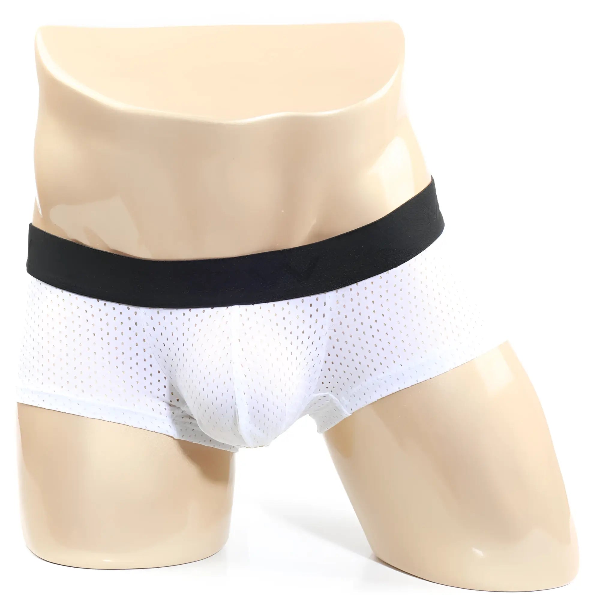 White mesh briefs with a black elastic waistband from metromalewear max mesh boxer white 3013-74
