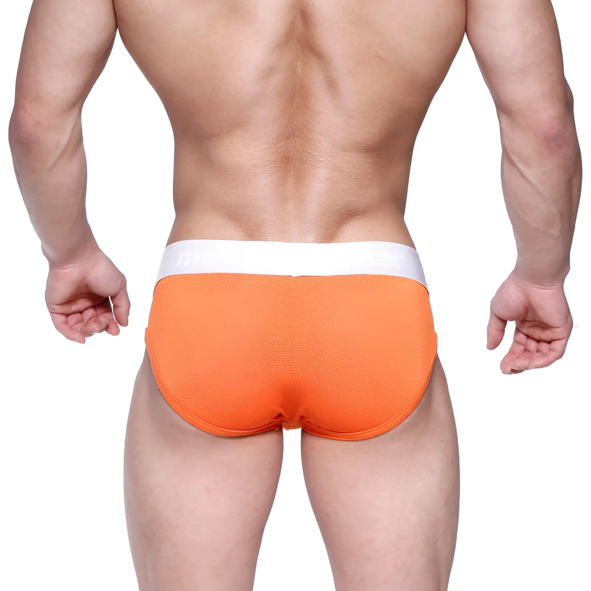 Metro male wear max mesh hip brief in bright orange with white waistband made of breathable mesh fabric