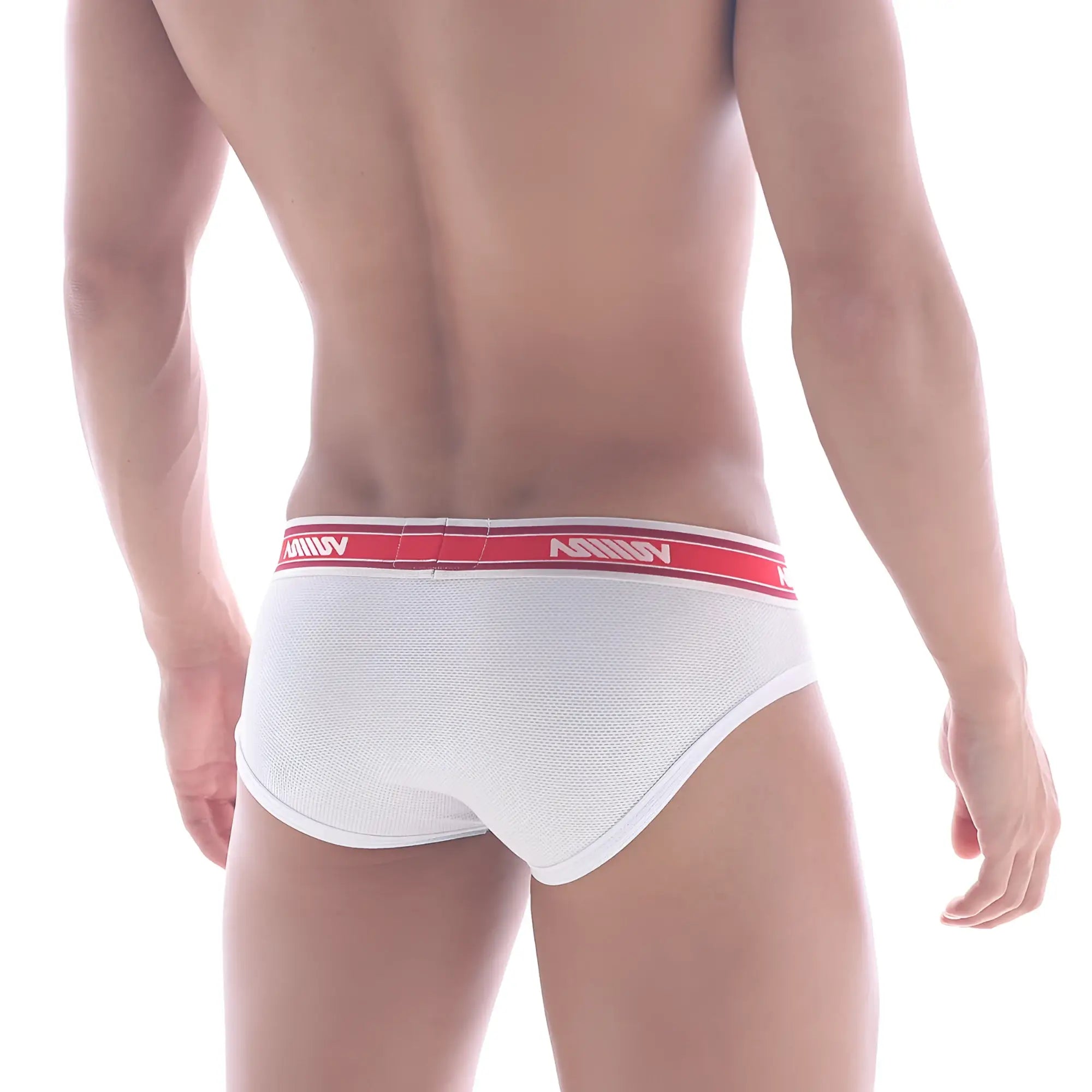 White mesh briefs with red waistband featuring annuv branding from metromalewear max mesh hip brief 2103-00