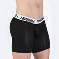 MetroMaleWear max mid cut black boxer brief in black mesh with white waistband featuring black lettering