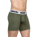 MetroMaleWear Max mid cut olive green mesh boxer briefs with khaki white waistband and black miiow branding