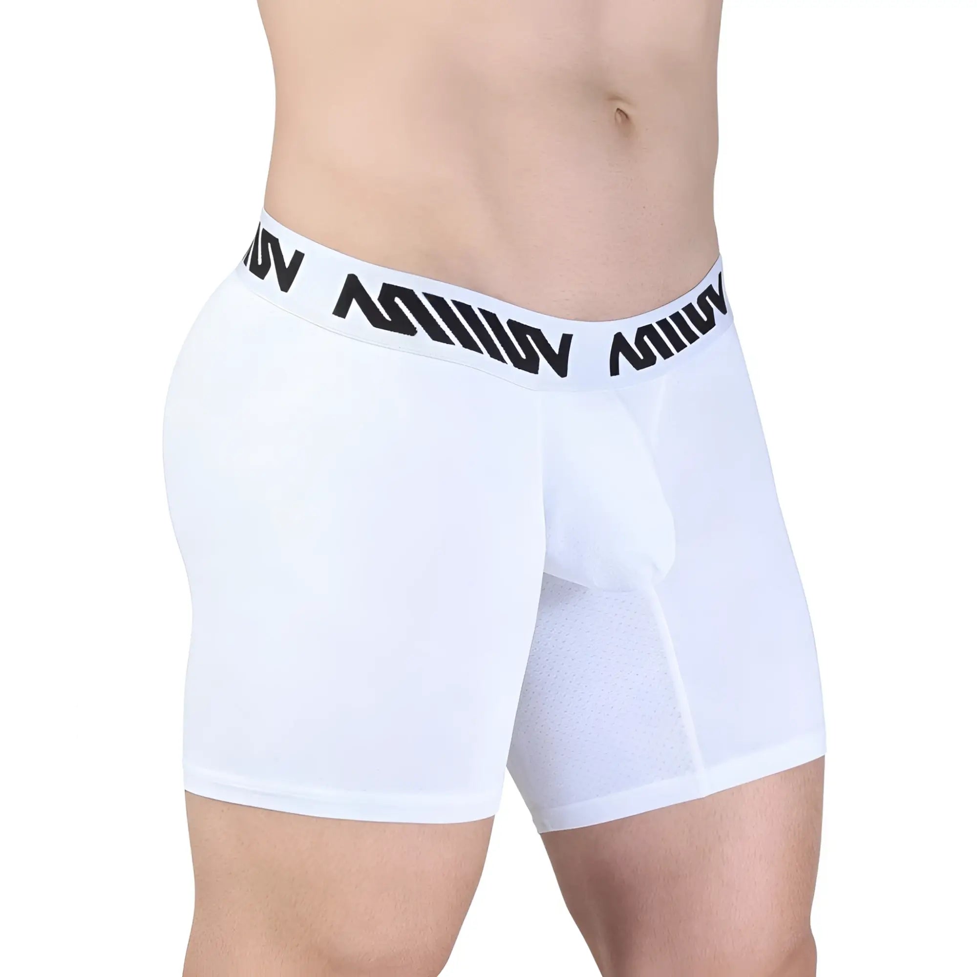 White men’s metro male wear max mid cut boxer briefs with black million logo waistband in white cotton blend