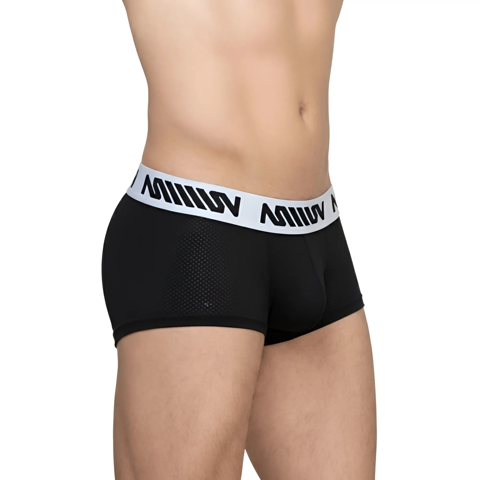 MetroMaleWear Max Short boxer black 3013-23 black mesh boxer briefs with white waistband and black stylized lettering