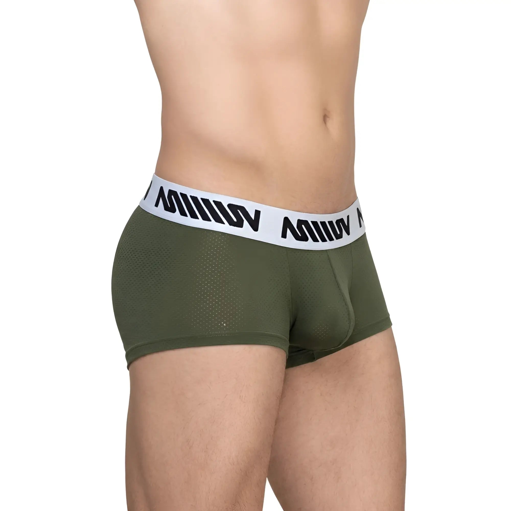 Olive green mesh boxer briefs with white elastic waistband and black miiow branding metro male wear max short khaki 3013-26