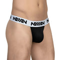 MetroMaleWear Max Thong Black 3202-21 features a black mesh front panel with a white elastic waistband and bold black lettering