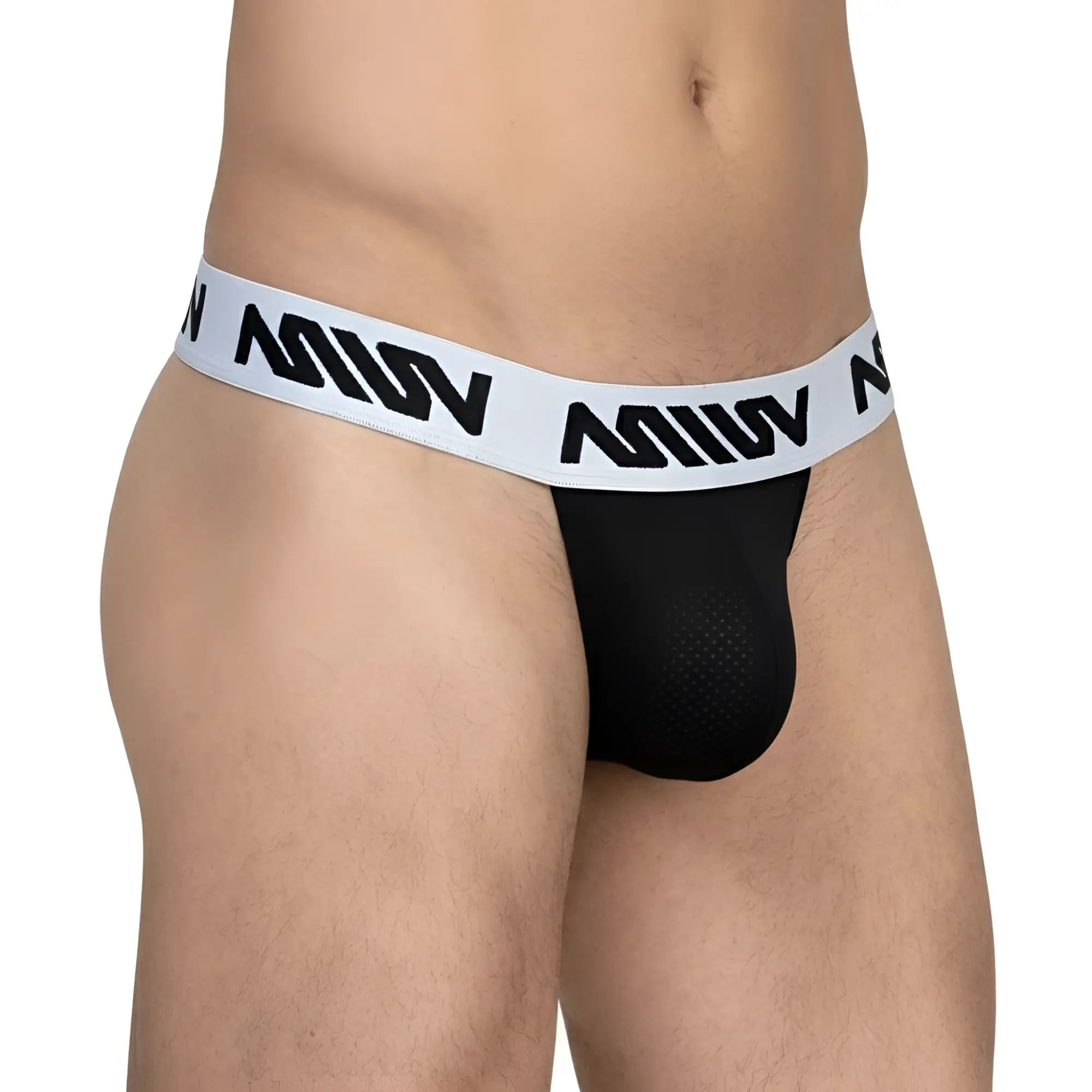 MetroMaleWear Max Thong Black 3202-21 features a black mesh front panel with a white elastic waistband and bold black lettering