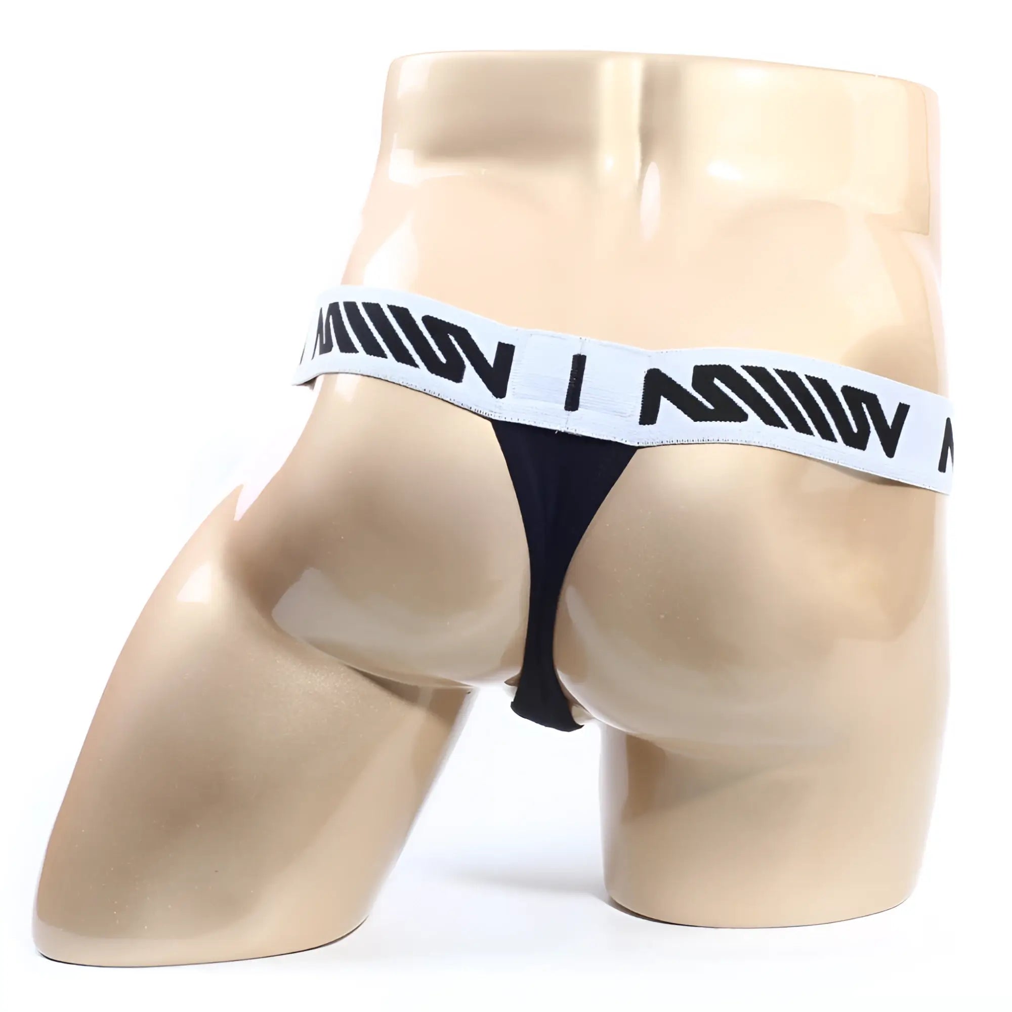 Black MetroMaleWear Max Thong 3202-21 with white elastic waistband and bold black lettering