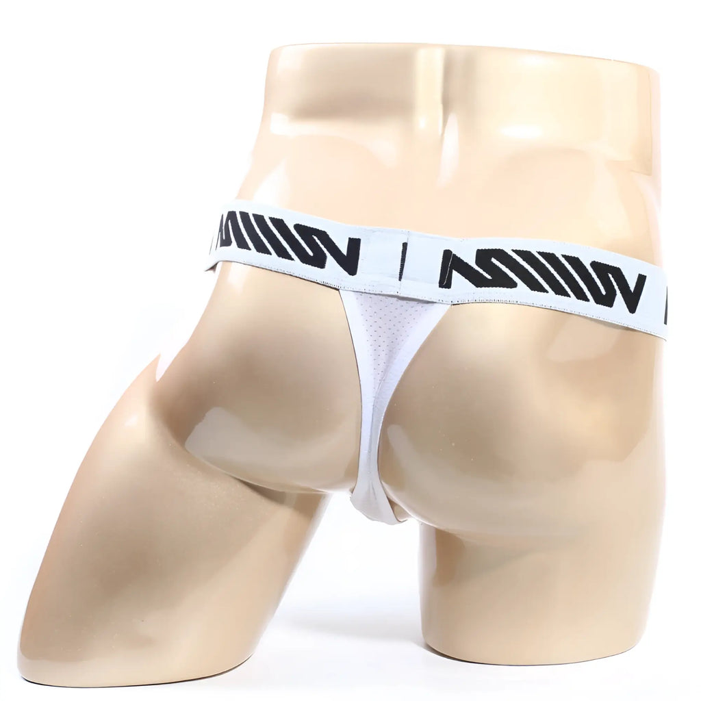 White mesh MetroMaleWear Max thong with black logo band showing front view