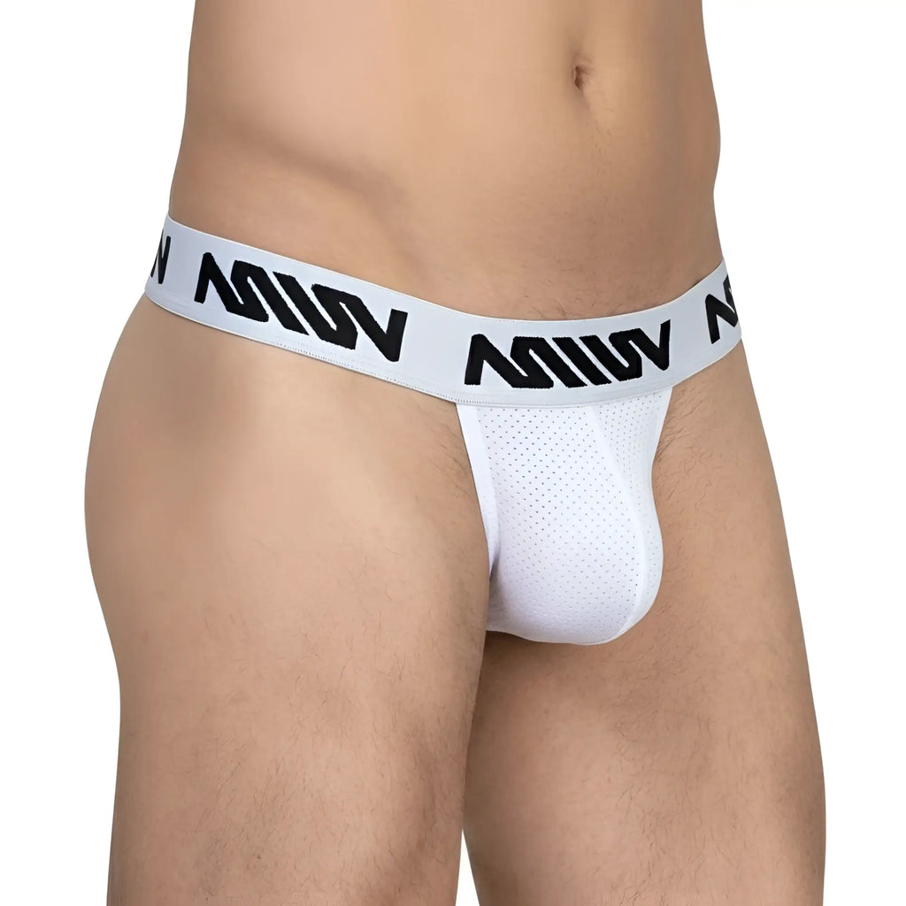 White miw brand MetroMaleWear Max Thong 3202-02 jockstrap with perforated mesh front and black logo waistband