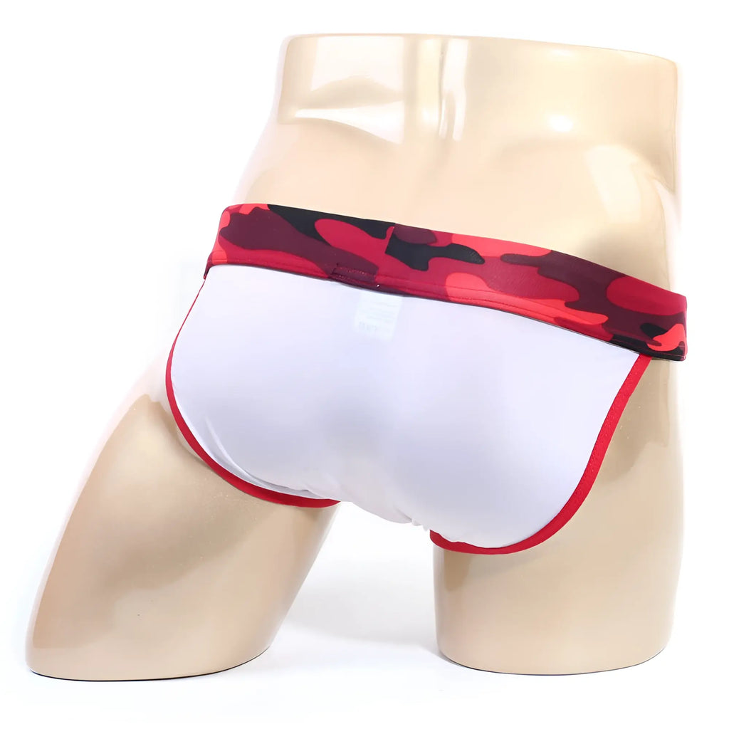 White briefs metro male wear maxim bikini red 3304-50 with red and black camouflage waistband and red trim