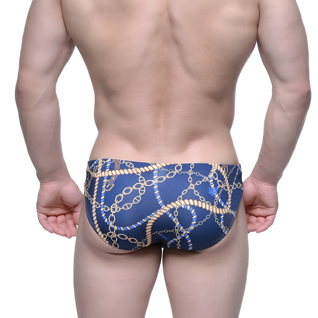 Blue metro malewear mayor bikini swim trunks with bold gold chains and rope pattern for stylish beachwear