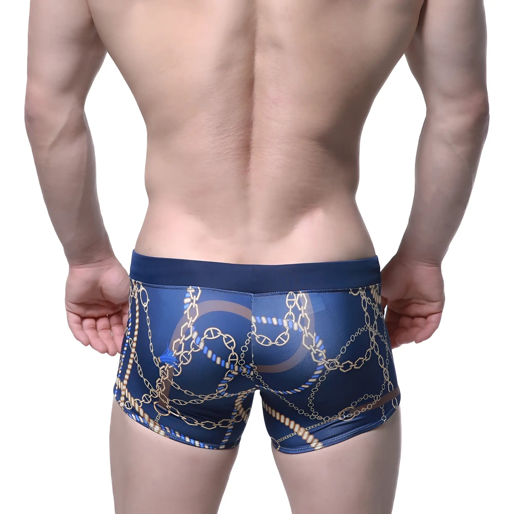 Navy blue metro male wear mayor swim boxer briefs 4986-71 with gold chain pattern and subtle blue stars