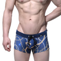 Navy blue metro malewear mayor swim boxer briefs with nautical chain and rope pattern black drawstrings elastic waist