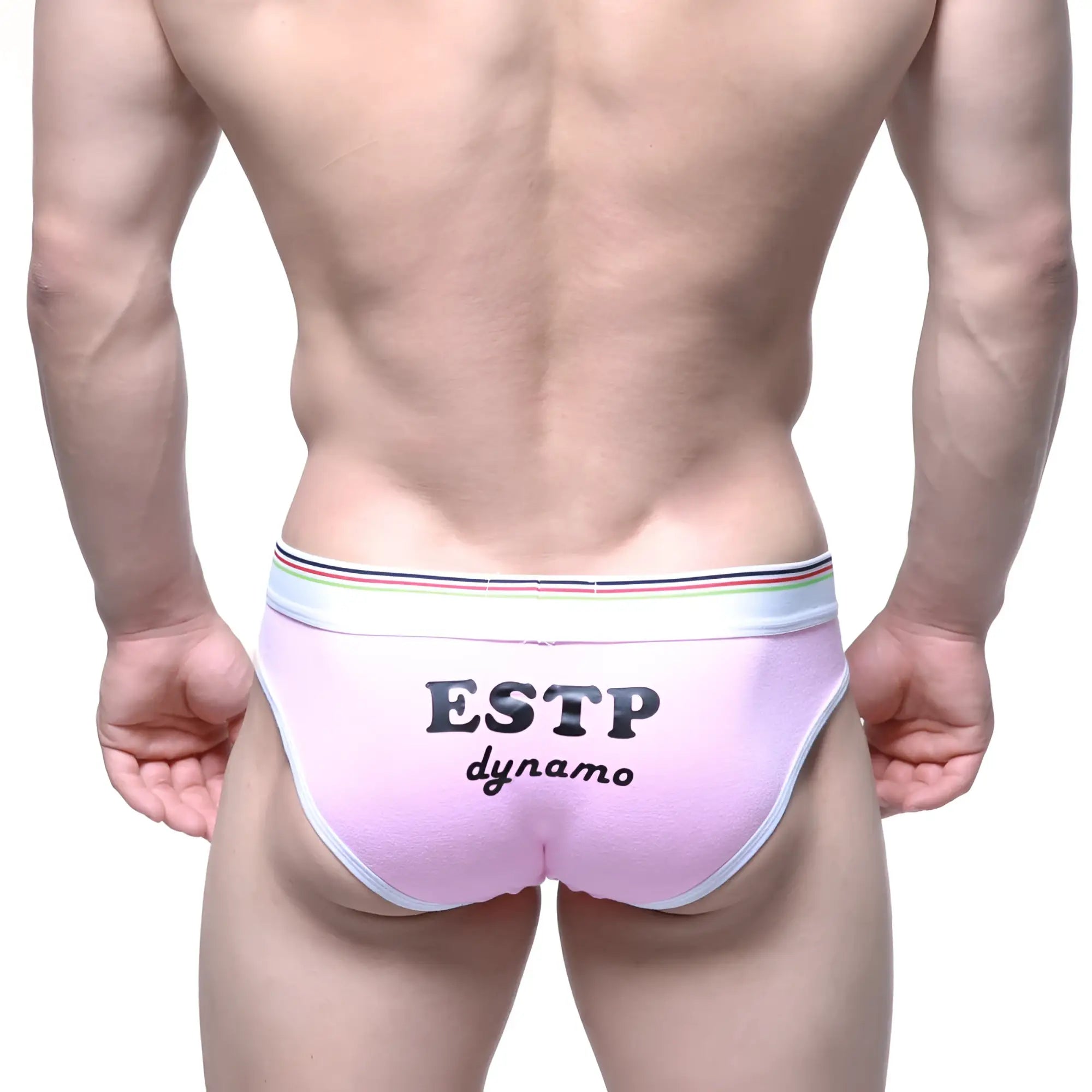 Pink estp dynamo briefs with a white multicolored striped waistband and black lettering by MetroMaleWear MBTI Hip Brief 8003-03