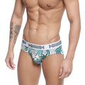 White briefs with green and gray tropical leaf pattern and anis branded waistband metroMalewear meadow hip brief 5003-56
