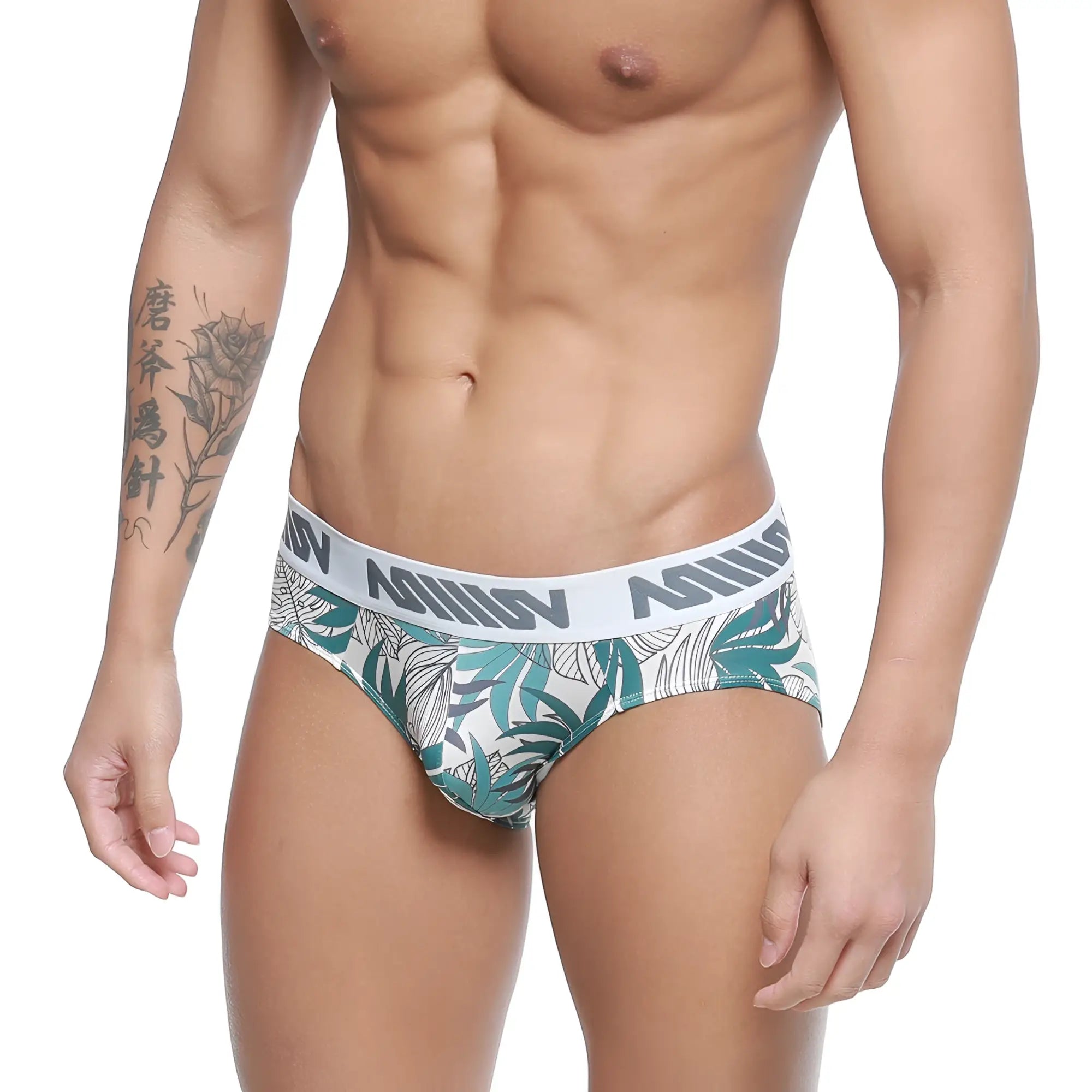 White briefs with green and gray tropical leaf pattern and anis branded waistband metroMalewear meadow hip brief 5003-56