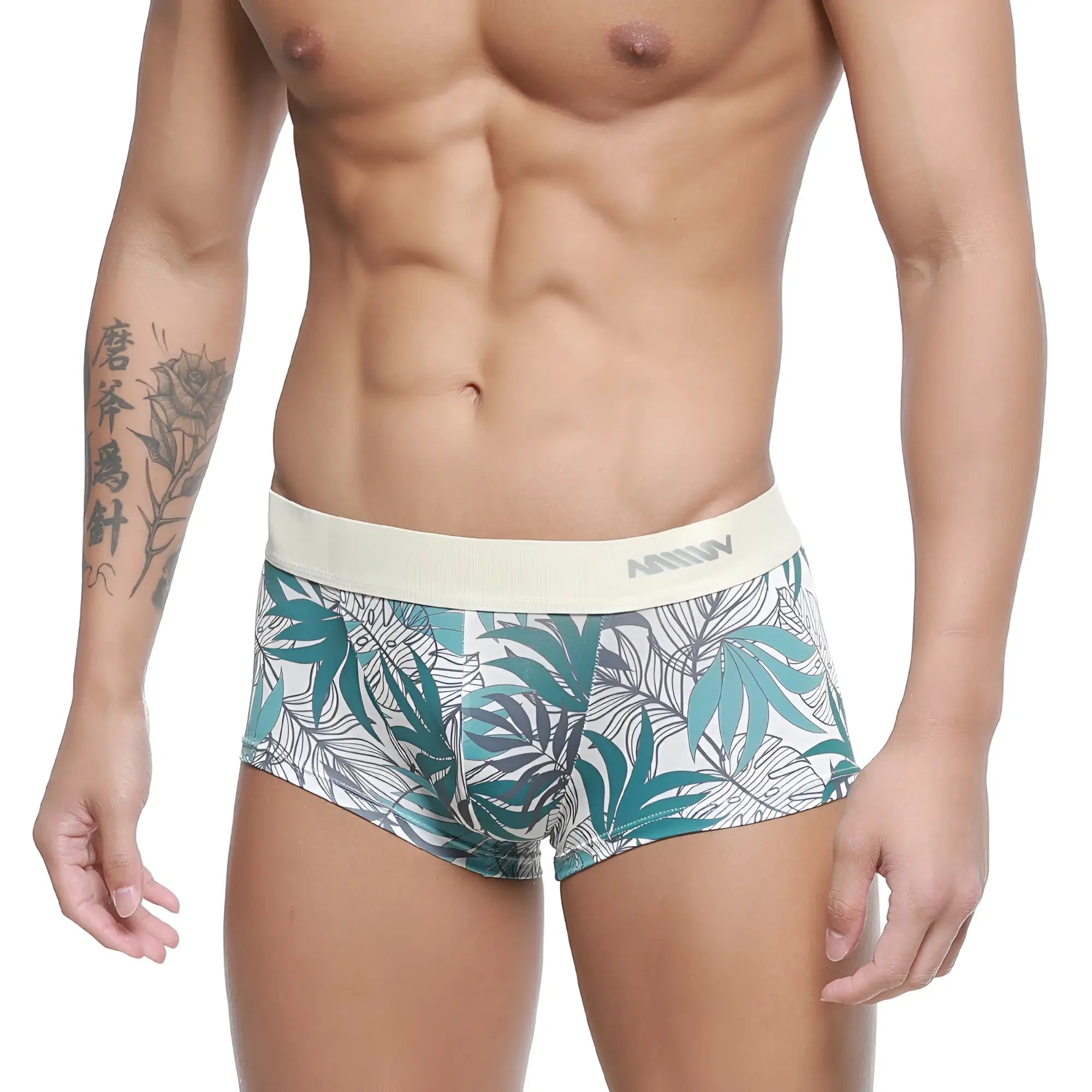 MetroMaleWear meadow trunk 2026-66 white briefs with teal gray tropical leaf pattern and elastic waistband