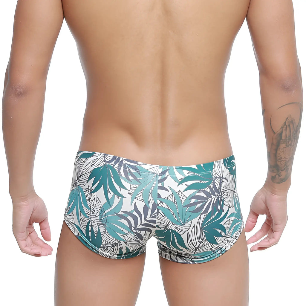 MetroMaleWear Meadow Trunk 2125-56 swim trunks with tropical leaf pattern in teal white and gray for beachwear