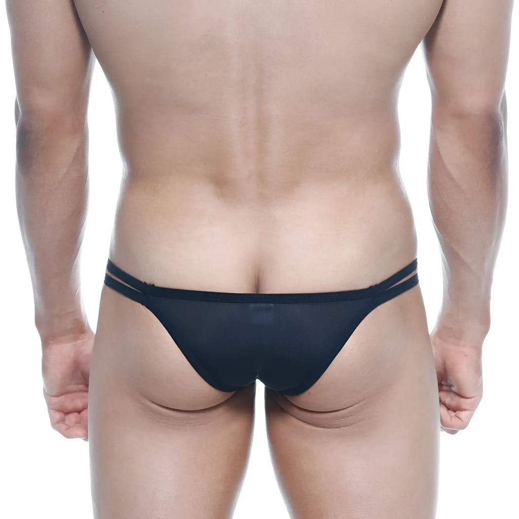 Back side of metromalewear medio bikini black sheer mesh thong with double elastic bands at the back