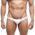 MetroMaleWear medio bikini white thong with thin dual straps and a small red logo on the front