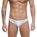 White mesh briefs with a solid white waistband from metromalewear mesh bikini-thong 2972-00 front view