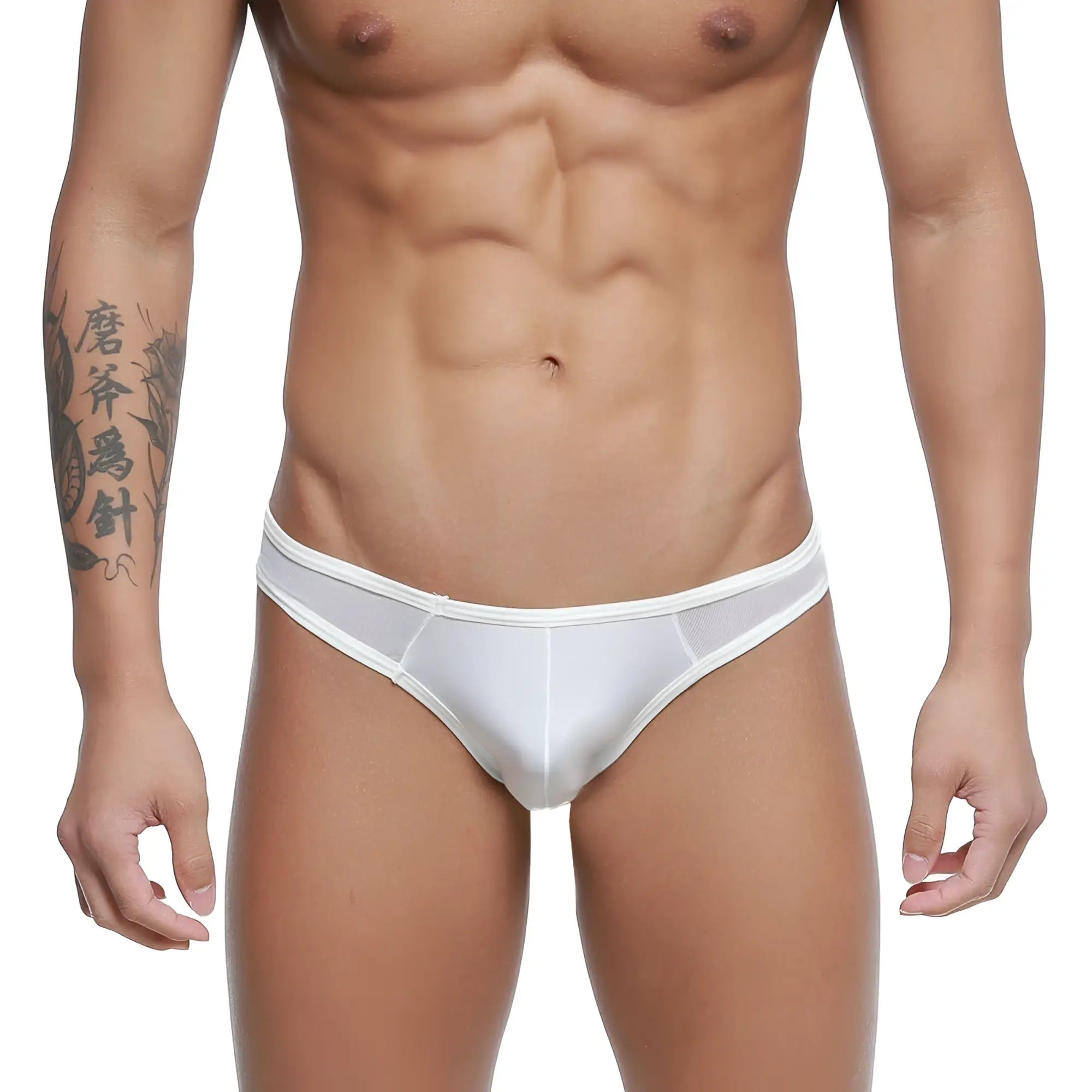 White mesh briefs with a solid white waistband from metromalewear mesh bikini-thong 2972-00 front view