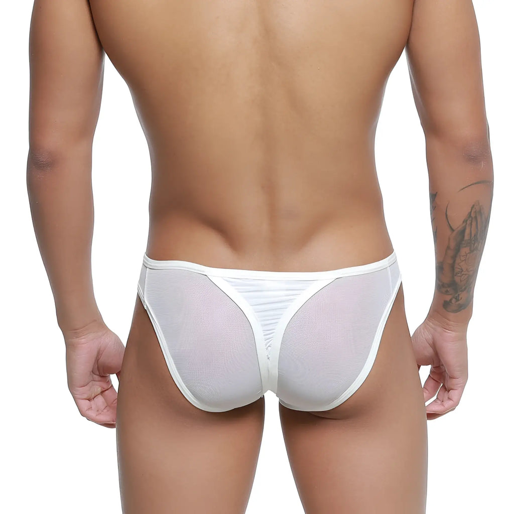 White mesh briefs with solid white waistband and back seam shown from the back metro male wear mesh bikini thong white