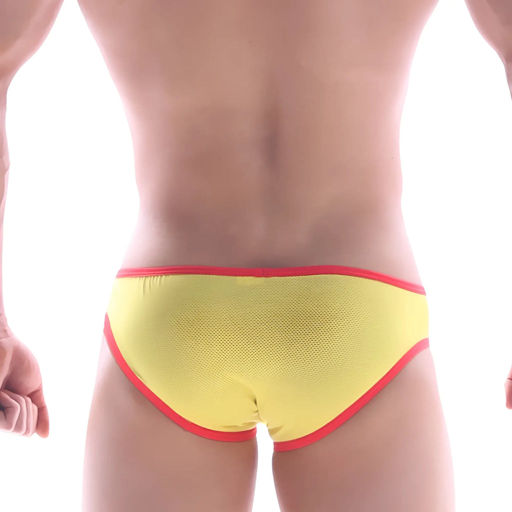 MetroMalewear mesh bikini swim trunks in bright yellow with bold red trim for stylish beachwear