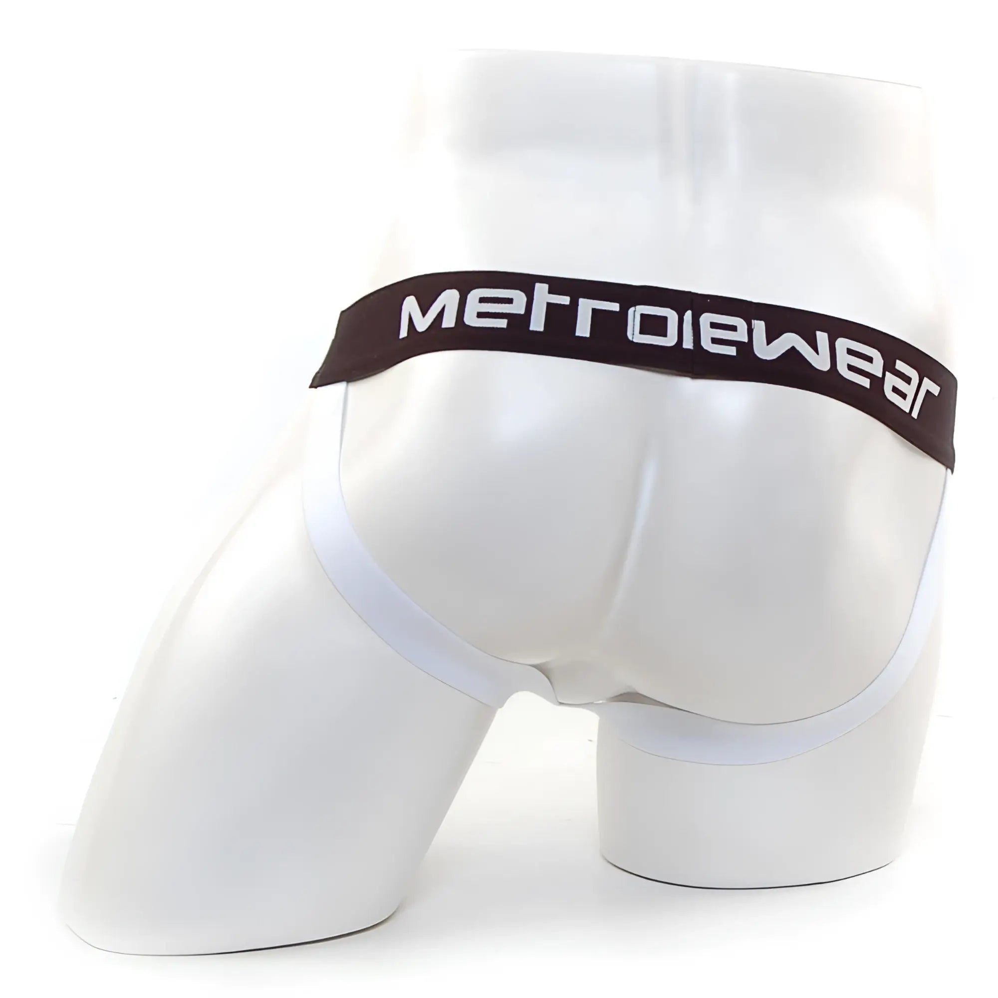 White men’s briefs with dark brown metrowear waistband complementing the metro male wear mesh camo jock strap lime 3001-04
