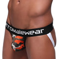 MetroMaleWear mesh camo jockstrap in black and orange with white panels and black waistband branded Atromalewear