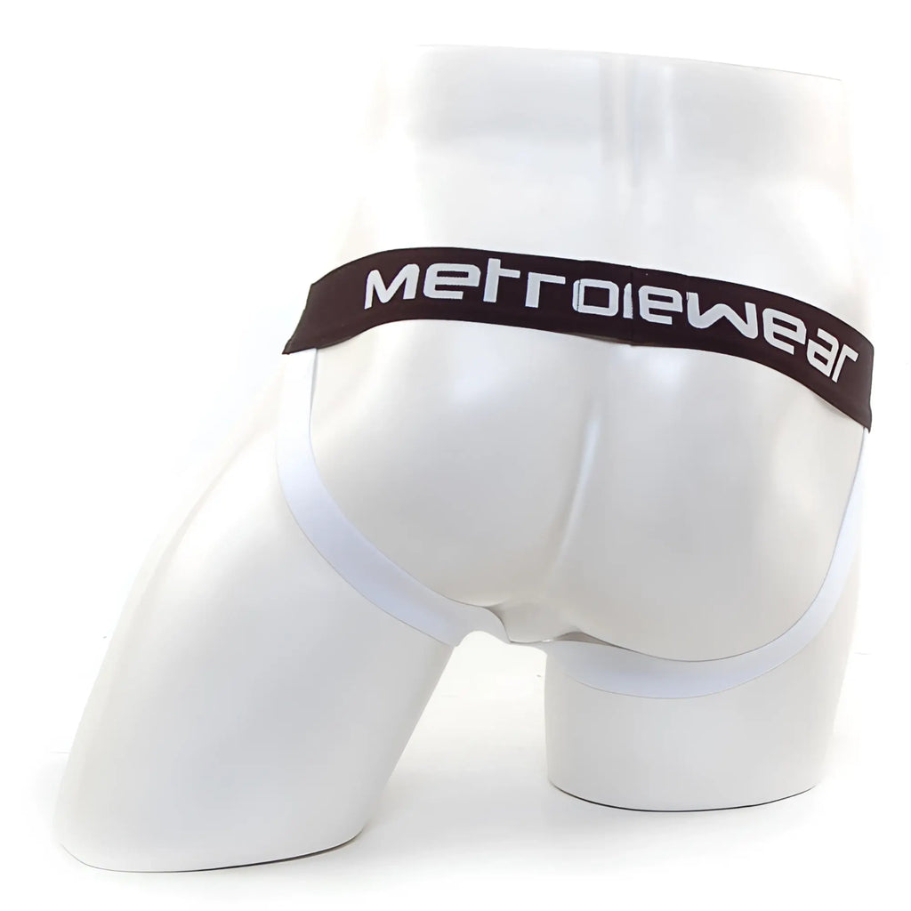 White men’s briefs with dark brown waistband featuring metrowear logo complementing metro male wear mesh camo jock strap orange