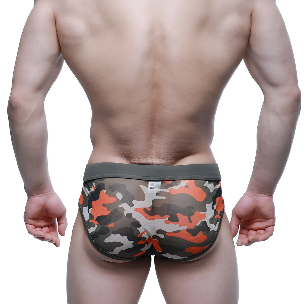 MetroMalewear mesh camouflage briefs green 5203-91 in orange gray and white with a solid olive green waistband